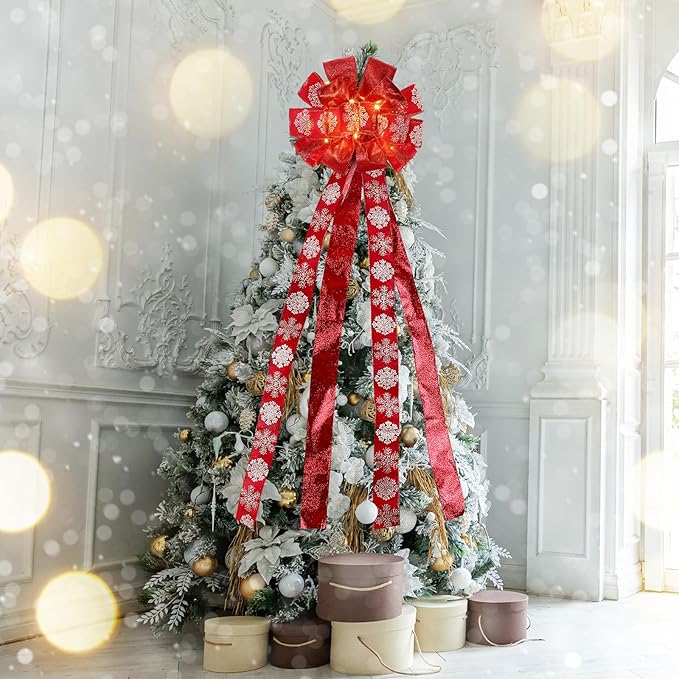 Zeyune Christmas Tree Topper 12 x 45 Inches Large Christmas Bows LED Lights Glitter Satin Mesh Streamer Snowflake Ribbon Decorative Bows for Xmas Tree Decorations Gifts(Red)