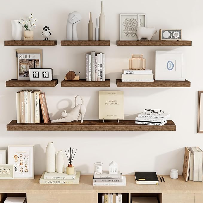 32 Inch Floating Shelves, 3D Textured Wood Grain, 32"x9.25"x1.5" Inch Deep Floating Shelves for Wall, Wooden Shelves for Bathroom, Bedroom, Living Room, Brown, 2 Pieces
