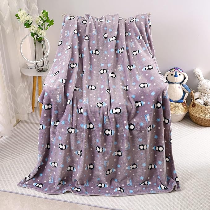 Warm Soft Toddler Fleece Blankets for Boys & Girls with Cartoon Penguin Pattern Print - Cozy Fuzzy Plush Flannel Kids Throw Blanket for Daycare & School - 50x60 inches (Grey)