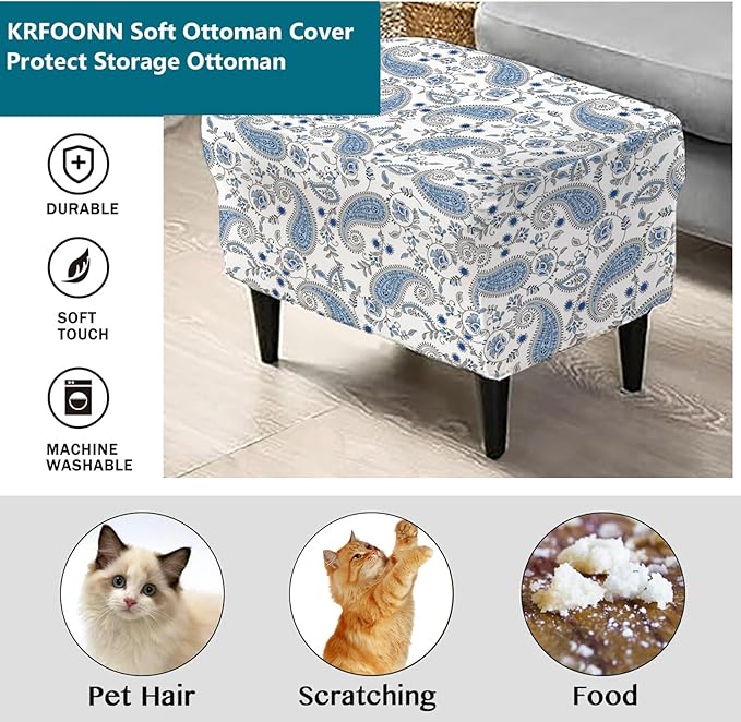 KRFOONN Stretch Ottoman Cover Slipcovers Rectangle Fit Length 39"-47" Footrest Stool Covers Printed Ottoman Cover for Foot Stool Furniture Protector with Non Slip Elastic Bottom, Color 15