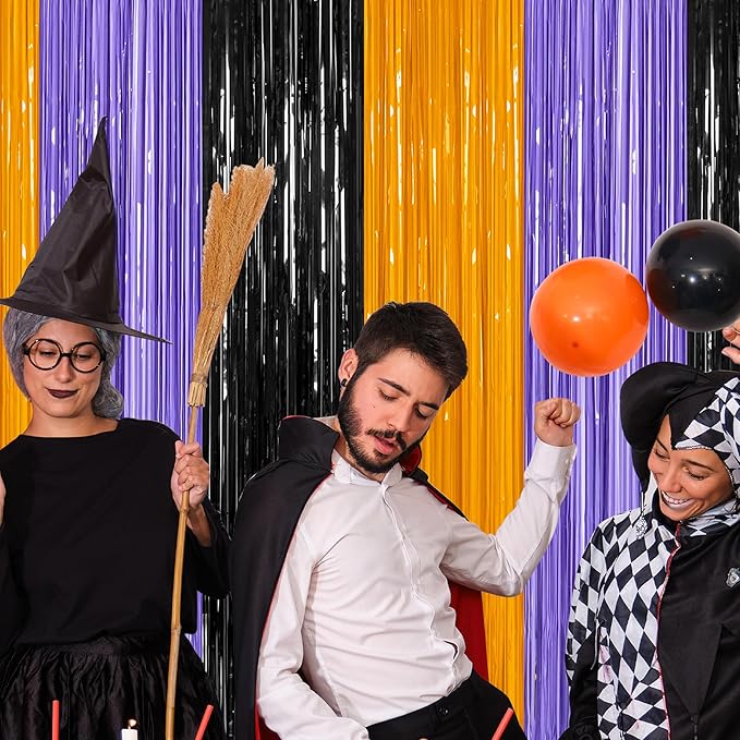 4 Pack Halloween Decorations, 3.28 FT x 7.05 FT Orange Purple Black Party Streamer, Funny Photo Backdrop Foil Curtains Fringe Tinsel, Halloween Door Decor Party Supplies Indoor