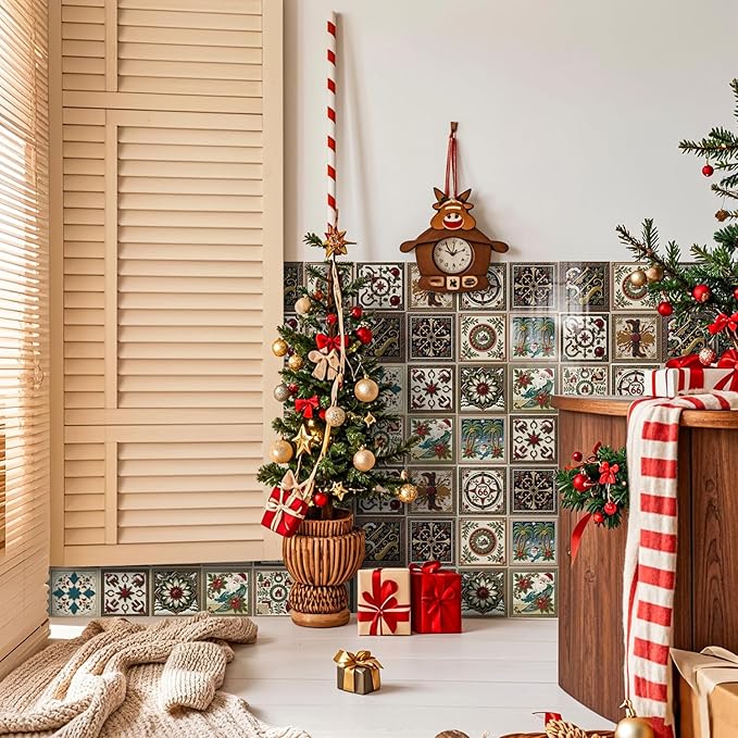 Christmas Peel and Stick Tile, 12-Count 5.9x5.9 Inch Waterproof Backsplash, Removable Sticker for Kitchen and Bathroom Wall