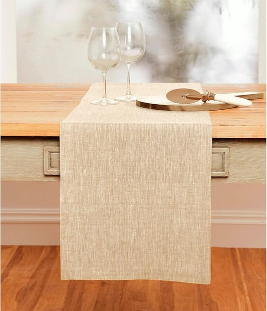 Solino Home Linen Champagne Beige Table Runner 108 Inches Long - Athena, 100% Pure Linen Dining Table Runner 14 x 108 Inch for Spring, Easter