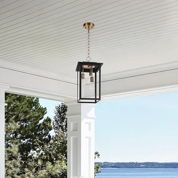 LamQee Large Outdoor Pendant Lights, 3-Lights Black and Gold Outdoor Chandelier Lighting Fixture, Modern Exterior Ceiling Hanging Lantern with Glass, for Porch Front Door Patio Gazebo Entryway Foyer