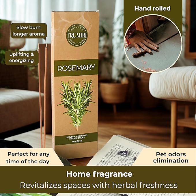 Rosemary Incense Sticks - Pack of 100 Inscents-Sticks Inciensos Aromaticos - Made with Natural Essential Oil - Scented Insence Non Toxic Agarbatti Incents