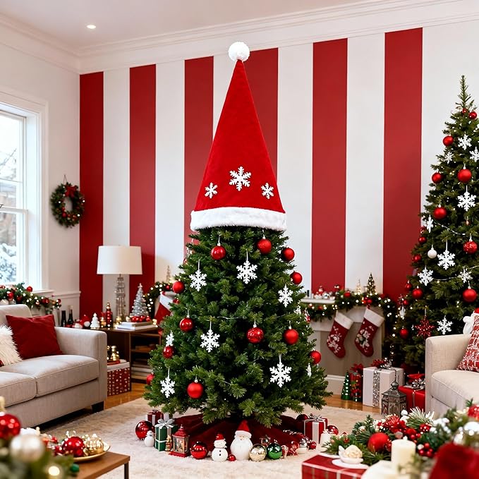 EssenceHome Giant Red White Snowflake Fabric Christmas Tree Topper Hat, Classic Indoor Outdoor Santa Hat Tree Decoration for Holiday Season, 2.4ft x 2.8ft