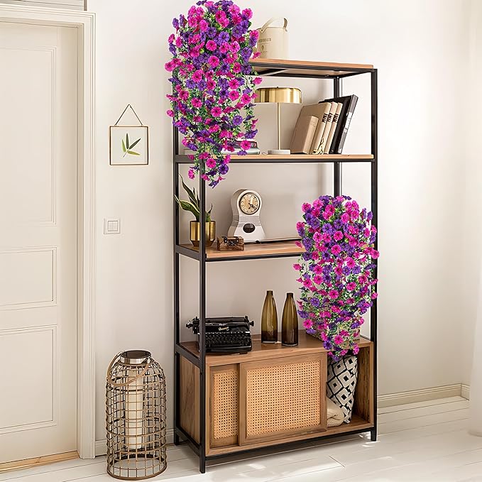 Artificial Hanging Flowers for Outdoor, 2pcs Fake Plants Long Vine Morning Glory Eucalyptus, UV Resistant Realistic Faux Greenery Indoor Outside Patio Porch Garden Spring Summer Decor, Purple