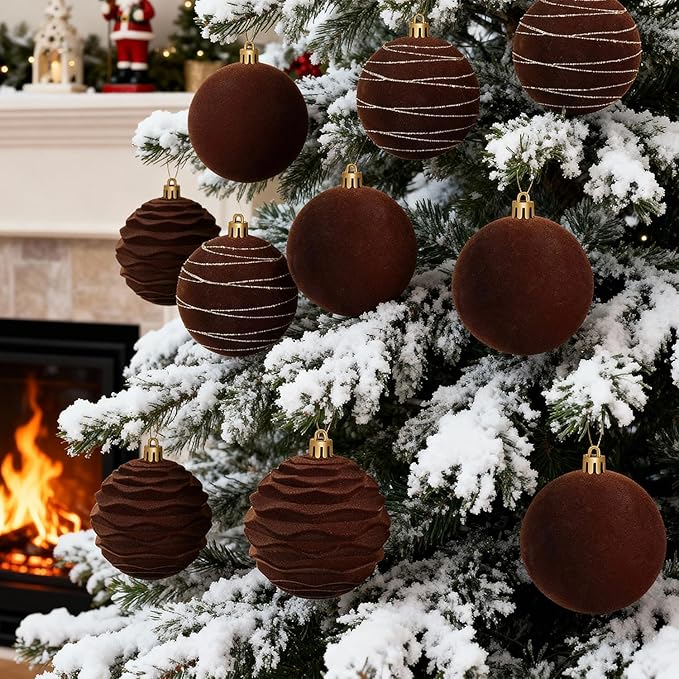 Artmag 6Pcs Velvet Christmas Ornaments Balls Sets for Christmas, Plastic Shatterproof Xmas Tree Flocked 3.94 inch Ornaments Balls for Winter Holiday Decor (Brown)