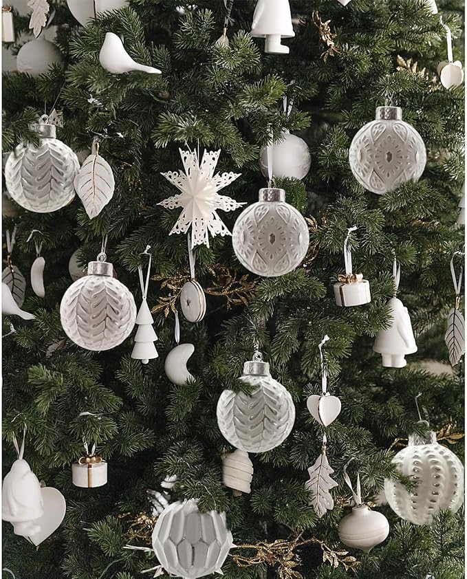 White and Silver Rustic Christmas Ball Ornaments, 3.15 inches Vintage Christmas Tree Decorations, 12 PCS Large Shatterproof Neutral Farmhouse Luxury Ornaments for Xmas Tree, Home Decor