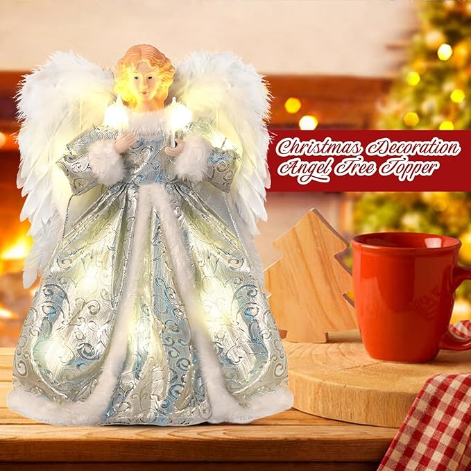 Angel Christmas Tree Topper with Lights and Remote Control, Lighted Tree Toppers Christmas Decorations, Elegant and Durable, Perfect for Xmas Holiday Home Decor and Gifts, Silver, WOKEISE