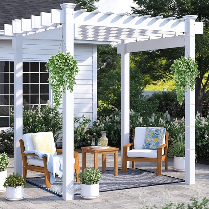 RECUTMS 2Pcs Fake Hanging Plants Artificial Hanging Flowers for Outdoor Decoration Faux White Flowers Artificial UV Resistant Plastic Greenery Vines Ivy for Outdoor Indoor Garden Party Decor(White)