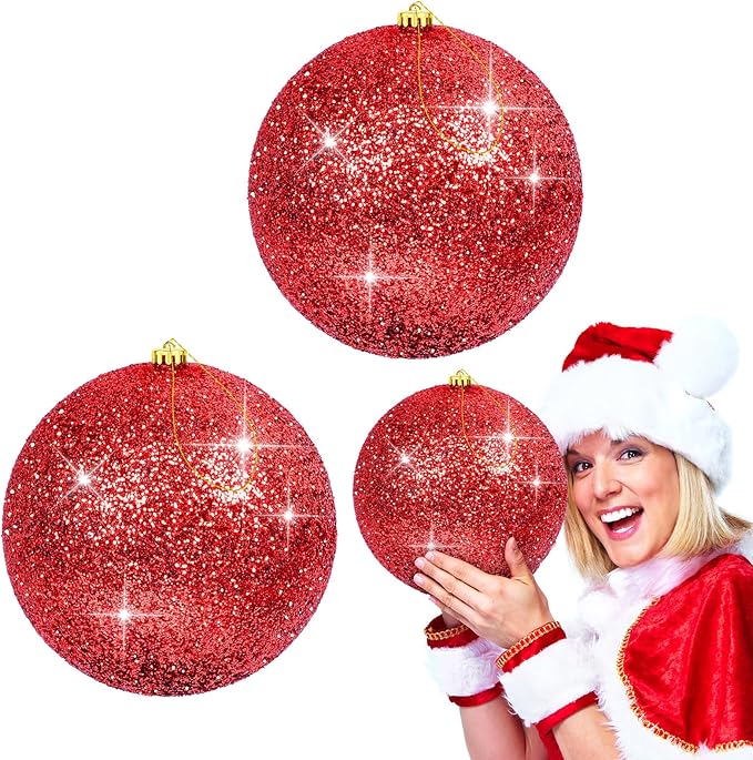 2Pack Red 8" Large Christmas Balls Christmas Tree Decoration Ornaments Shatterproof Glitter Christmas Hanging Balls for Christmas Tree Party Wedding Indoor Outdoor Holiday Decoration(Red, 8inch-2pcs)