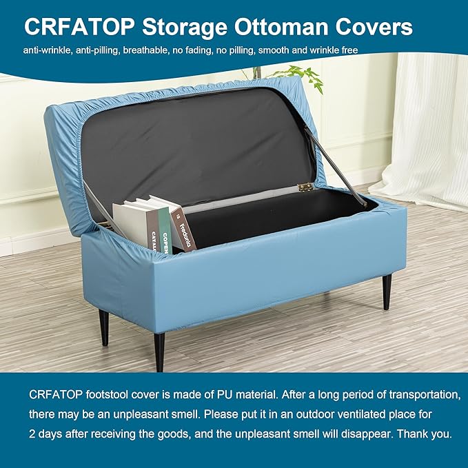 CRFATOP Waterproof PU Ottoman Stool Cover Stretch Folding Storage Footstool Bench Slipcovers Upholstered Foot Chest Chair Covers Washable Entryway Furniture Protector with Elastic Bands,M,Blue