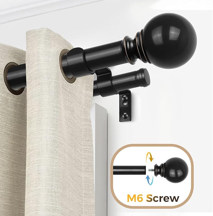 KAMANINA 1 Inch Double Curtain Rod 72 to 144 Inches(6-12 Feet), Black Telescoping Curtain Rods for Windows 66 to 120 Inches, Heavy Duty Drapery Rod with Round Finials