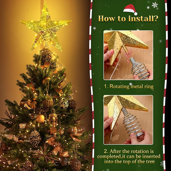 Gold Christmas Tree Star Topper with Lights, 8.5-Inch Light-Up Christmas Tree Topper with Remote Control, 4 Brightness Levels & 8 Light Modes, Faux Mercury Glitter Design with 20 Lights