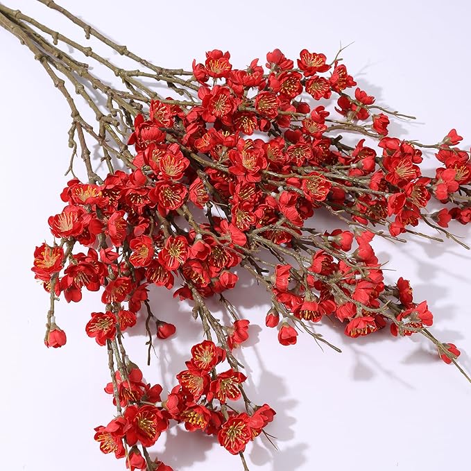6 PCS Artificial Cherry Blossom Branches Spring Indoor Decoration, Faux Flowers 34.45" Long Stems Red Plum Fake Peach Plants Real Touch Silk for Wedding Home Bedroom Party Table Office