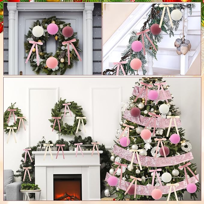 Syhood 46 Pcs Velvet Christmas Ornaments - 15 Pcs 3.15" Large Christmas Balls, 30 Flocked Bows, 1 Velvet Ribbon, Gradient Pink Xmas Tree Hanging Decorations for Vintage Xmas Holiday Decor