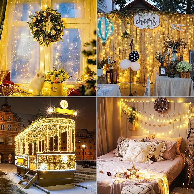 JMEXSUSS Connectable Warm White Christmas Lights Indoor Outdoor, 91.5ft 250 LED Christmas String Lights, 8 Modes Twinkle String Light Plug in for Tree Party Decoration