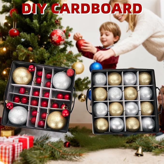 inin Christmas Ornament Storage Box with Adjustable Dividers,Christmas Ornaments Organizer with Zippered Top,Storage Container Bin for Holiday Decorations(64 Ball, Gray, with Tray)