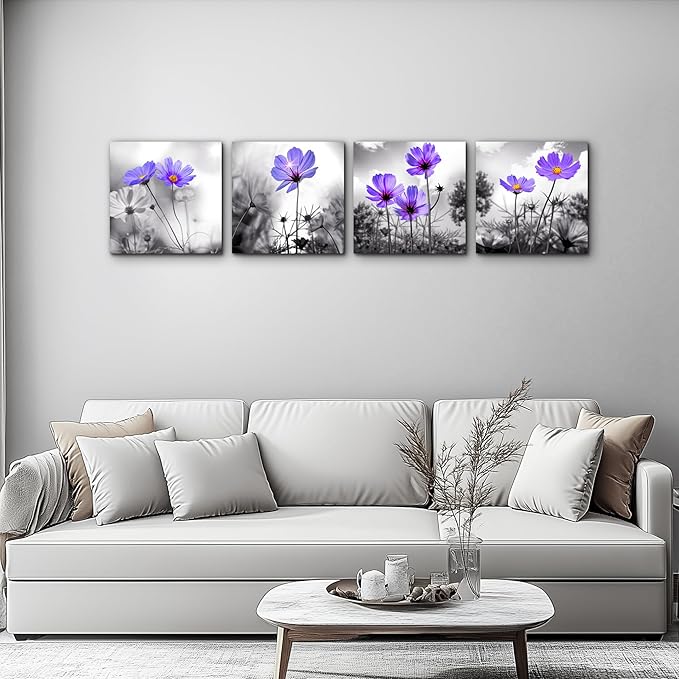 bathroom wall Decor wall art for bedroom Canvas Prints for kitchen poster pictures artwork Home wall Decorations for living room 16" x 16" 4 Pieces Framed Black and white landscape purple flowers