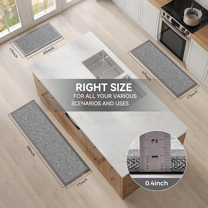 Kitchen Runner Rugs Non Slip Washable Anti Fatigue, Super Absorbent 0.4" Thick Cushioned Long Kitchen Mats for Floor, Jute-Look Sink Floor Mat Laundry Standing Mat, Easy Clean, Gray 17"x59"