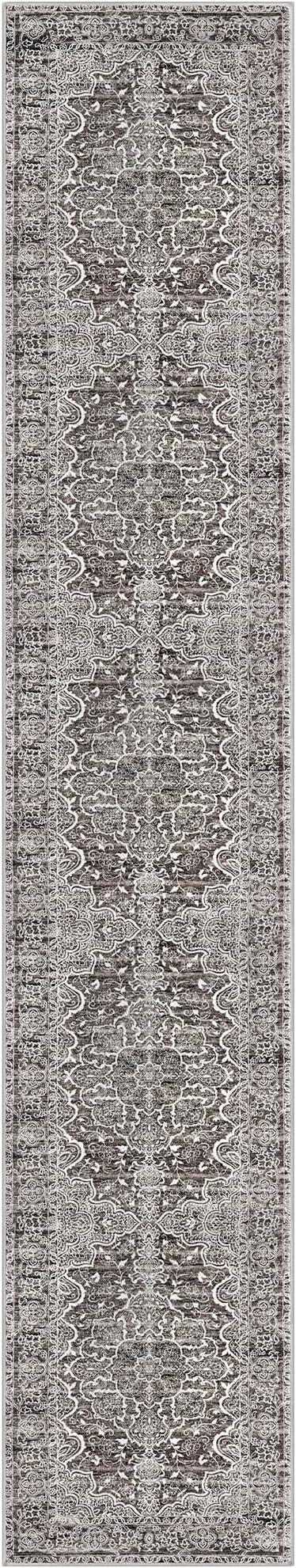 KUTA Vintage Medallion Washable Runner Rug 2.6x14, Non-Slip Hallway Kitchen Rugs Tan Grey with Rubber Backing, Ultra Soft Printed Floral Extra Long 14ft Carpet Runners Indoor for Stairs