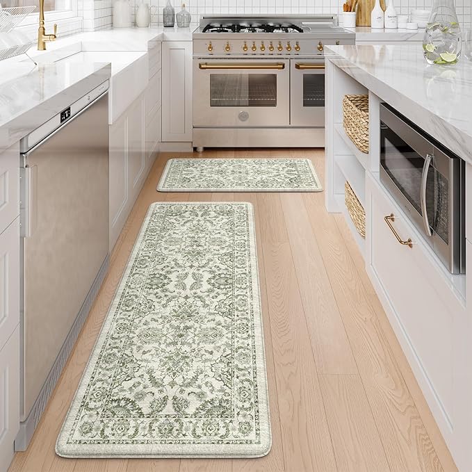 KIMODE Anti Fatigue Kitchen Mat Set, Non Slip Waterproof Kitchen Rug Set of 2, Boho Rugs for Kitchen, Ergonomic Standing Kitchen Sink Mats for Floor, 17"x29.5"+17" x47”, Green
