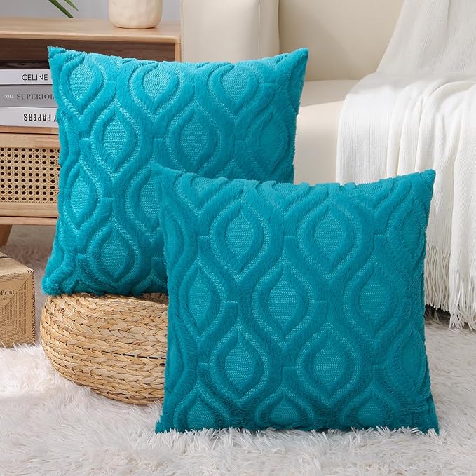 decorUhome Throw Pillow Covers 26x26 Inch Set of 2, Soft Plush Faux Wool Teal Solid Couch Pillow Covers, Accent Farmhouse Neutral Square Pillow Cases for Sofa Bed Living Room