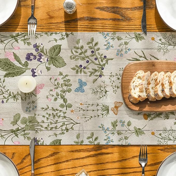 Artoid Mode Wood Wild Flowers Floral Spring Table Runner, Seasonal Summer Kitchen Dining Table Decoration for Home Party Decor 13x36 Inch