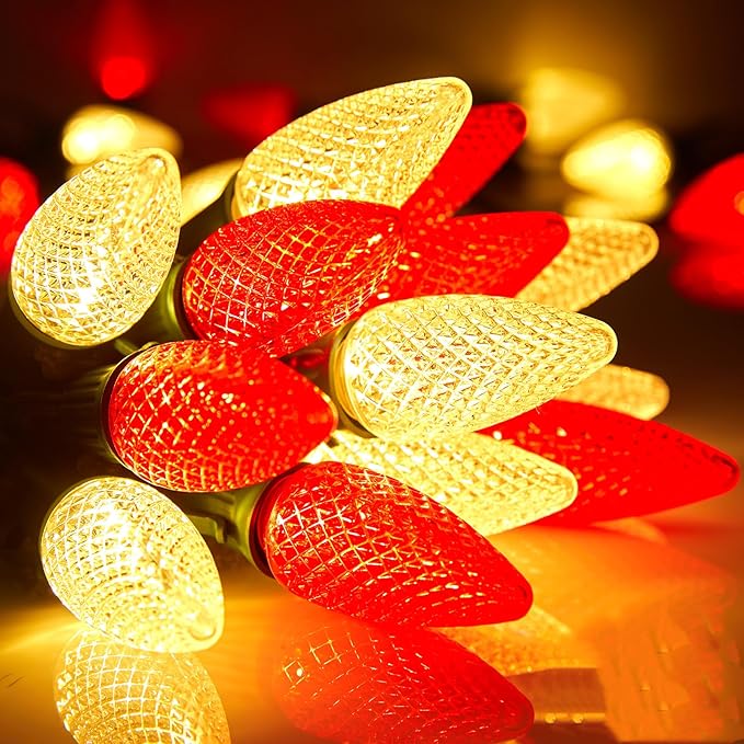 C9 LED Christmas String Lights, 66 ft 100 LED Strawberry Roof Lights, Commercial Grade Waterproof Extendable for Indoor Outdoor Roofline Home Xmas Decor, Red and Warm White