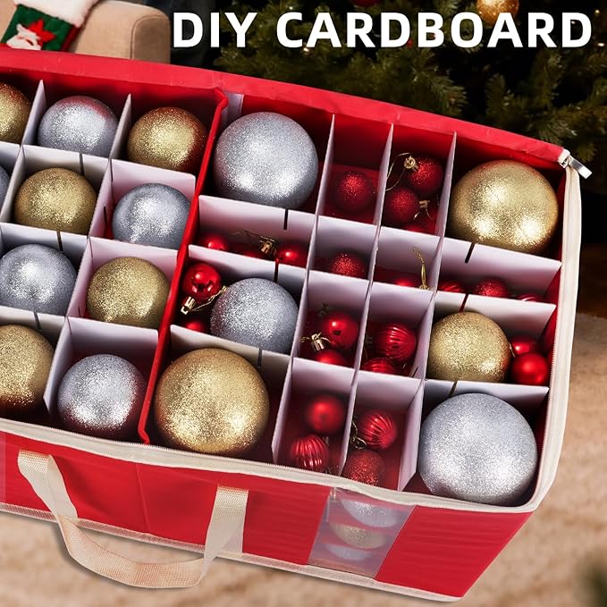 Christmas Visible Ornament Storage Box with Adjustable Dividers/Side Pockets,Ornaments Organizer with Zipper, Storage Container Bin for Christmas Decorations(128 Ball, Red, without Tray)