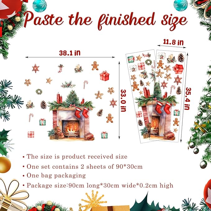 33 x 38.1 Inch Christmas Wall Decals Christmas Fireplace Candle Gingerbread Man Wall Stickers for Xmas Holiday Party Supplies Home Wall Decor