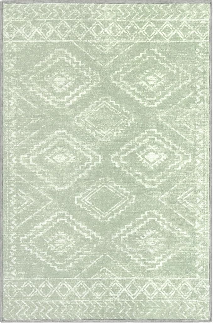KILOCOCO Boho Entryway Rug 2x3 Printed Small Area Rug Indoor Door Mat Machine Washable Kitchen Rugs Super Soft Non Slip Throw Rugs for Bedroom Entrance Geometric Laundry Room, Grey Green