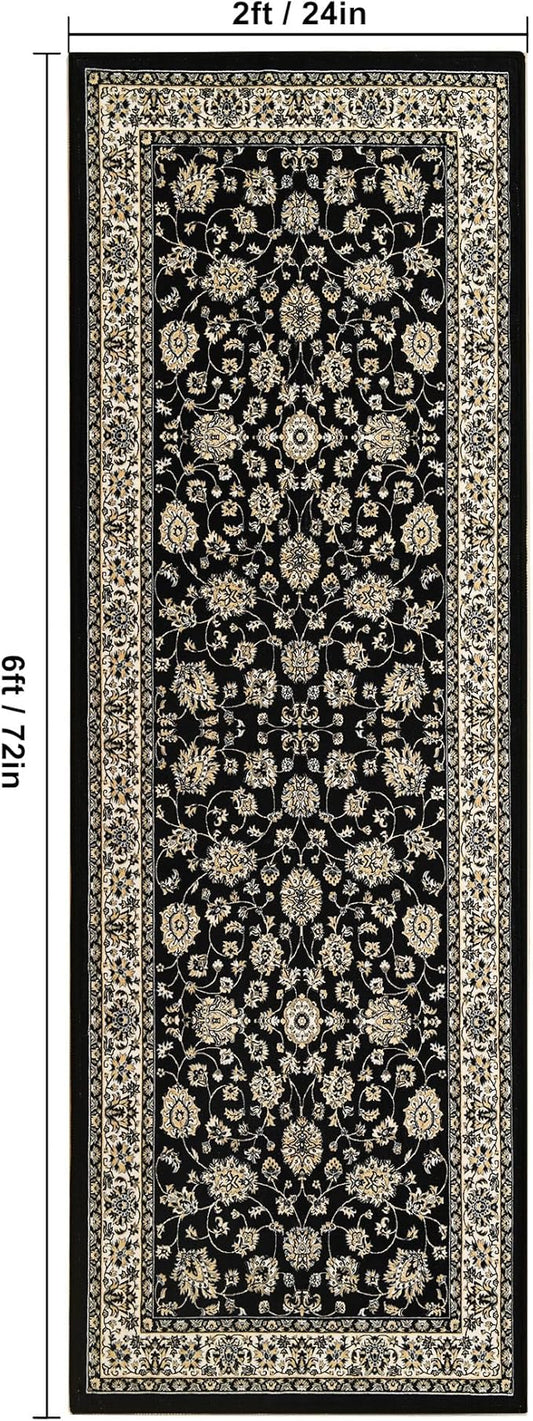 XWZO Runner Rug 2x6ft, Washable Hallway Runner with Non-Slip Backing, Spill Stain Resistant Floor Mat for Entryway Corridor Bedroom Kitchen Farmhouse, Soft Low-Pile Area Carpet, Black