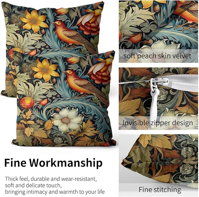 William Morris Pillow Covers 18x18 Inch Vintage Bird Floral Pillow Protectors with Zipper Standard Size Moody Botanical Dark Academia Pillowcases Midcentury Modern Bed Pillow Covers Set of 2