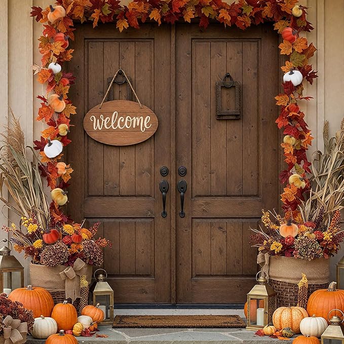 2 Pcs Artificial Maple Leaf Rattan Garland 24 Harvest Velvet Foam Fabric Pumpkins Decorative for Home Farmhouse Fireplace(Orange)