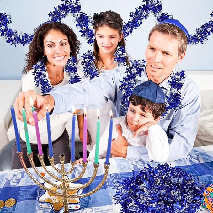 33 Ft Hanukkah Tinsel Garland Blue Metallic Garland with Silver Stars Hanukkah Chanukah Decorations for Outdoor Indoor Holiday Party Christmas Supplies
