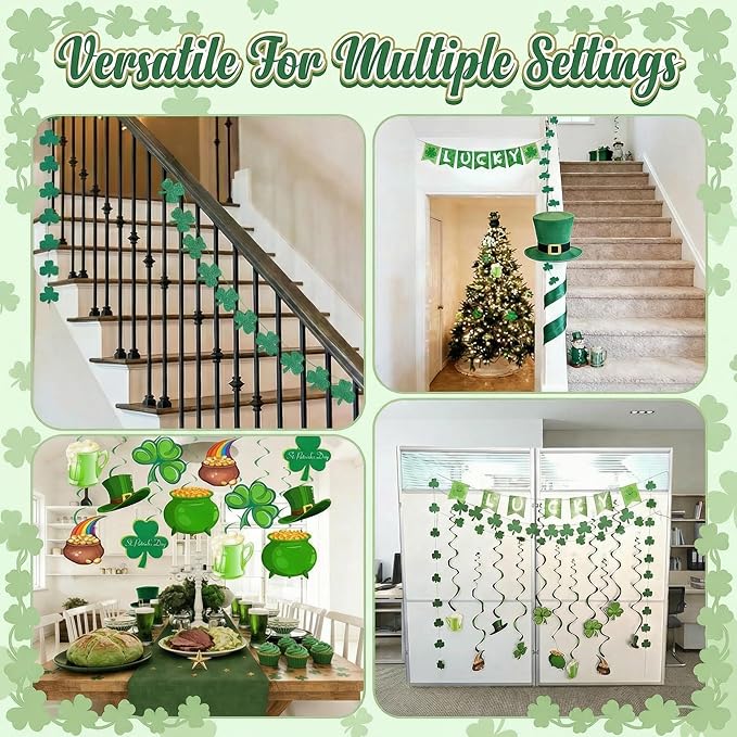 Go Ho St Patricks Day Decorations Kit, Shamrock Garlands, Lucky Banner, Clover Hanging Swirls, Irish Decor for Home Office, Green Saint Patrick's Day Party Supplies Bulletin Board
