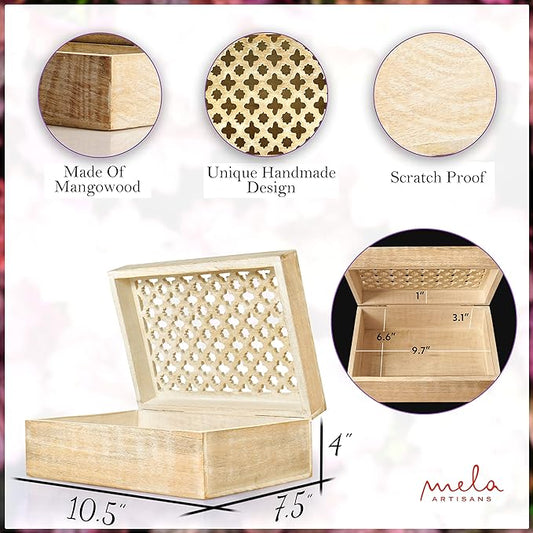 Mela Artisans Wooden Keepsake Box | Whitewash Mango Wood Memory & Photo Storage Box with Hinged Lid | Decorative Storage Box | Extra Large | 10.5x7.5x4 Inch