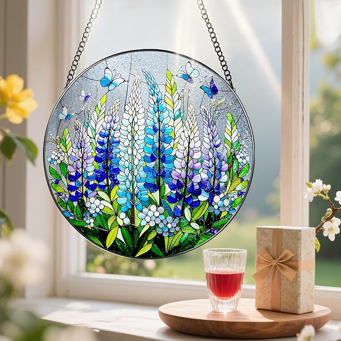 8-Inch Stained Glass Ornament, Stained Glass Window Hanging, Window Hanging Decor Suncatcher, Texas Bluebonnet Ornament | Christmas, Mother's Day, Birthday | Gifts for Mom, Garden Gifts for Friends
