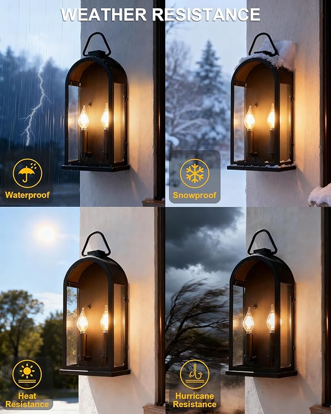 Outdoor Wall Light Fixtures, 2 Light Porch Lights Outdoor, Matte Black Exterior Waterproof Wall Sconce with Glass Shade, Outside Lantern for House Garage Doorway Patio Entryway, E12 Socket