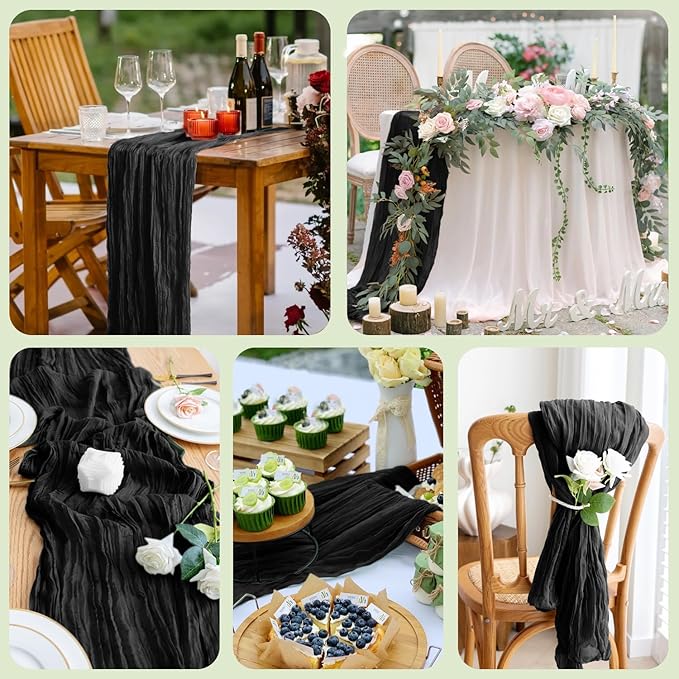 Asee'm 2pcs Cheesecloth Table Runner 120 Inches Long Black Boho Gauze Cheese Cloth Runner 10FT Rustic Sheer Table Runners for Valentine's Day Wedding Party Baby Shower Spring Easter Decoration