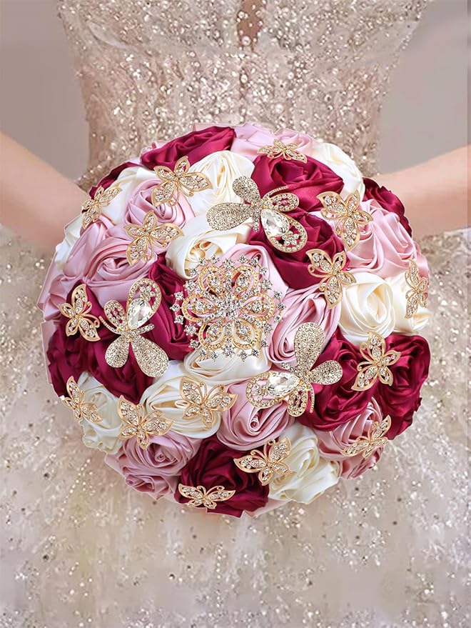 Handmade Floral Satin Rose Butterfly Shape Rhinestone Bridal Bouquet Luxury Golden Rhinestone Artificial Flowers for Wedding