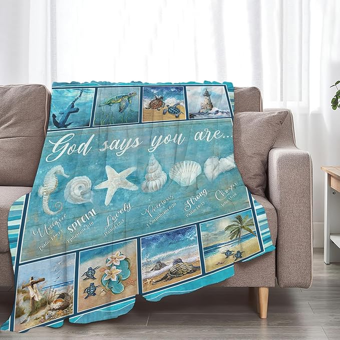 Tijuboni Ocean Nautical Throw Blanket Beach Seashells Gifts for Girls Boys Women Men Kids Adults Soft Flannel Fleece Blanket for Couch Sofa Bed Home Decor 60"x80"