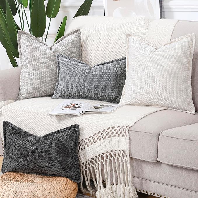 MADIZZ Chenille Velvet Throw Pillow Covers with Flange Set of 2 Super Soft Boho Textured Pillow Covers Decorative Throw Pillowcases Modern Farmhouse Home Decor for Sofa Bedroom Oatmeal 12x20 Inch