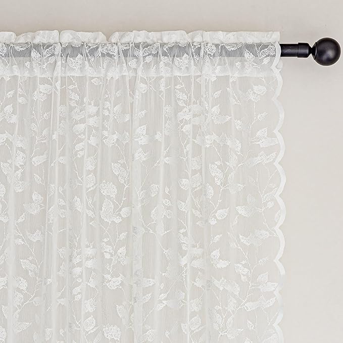 White Lace Semi-Sheer Curtains 2 Panels – Vintage Leaf Pattern for Bedroom/Kitchen, Rustic Privacy Light Filtering Rod Pocket Window Drapes, Elegant Chic Window Curtains, 52W x 45L Inch