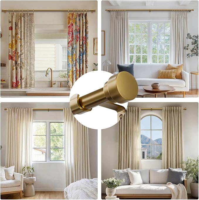 Oneach Gold Curtain Rods for Windows 66 to 120 Inch, 1 Inch Pole Adjustable Length Heavy Duty Metal Curtain Rod Set, for Outdoor Bedroom Kitchen Living Room (16 to 120 Inch)