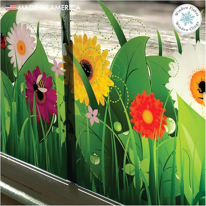 Springtime Flower Window Cling Decal for Glass - Wild Grass, Flowers, Bugs and Insects Design - Large Double Sided Vibrant Color Spring Decoration Window Sticker. Reusable Vinyl. Made in America.