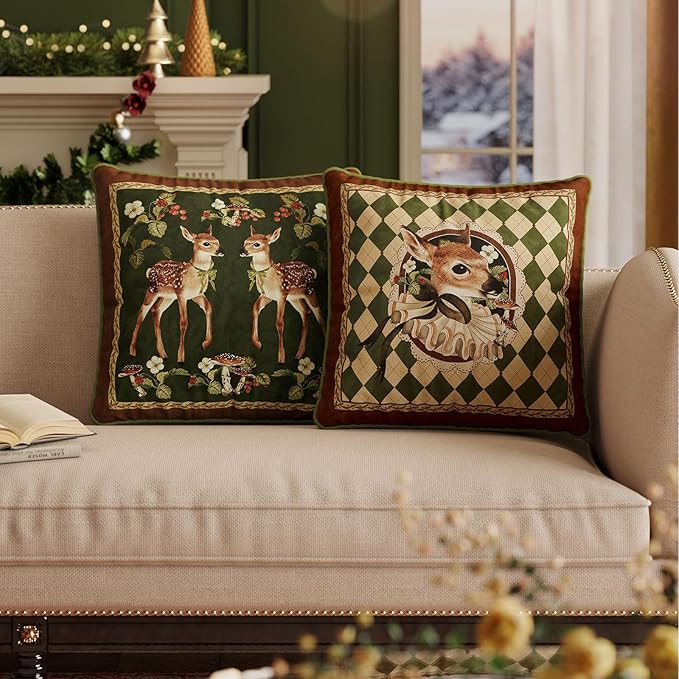 Grandmillennial Holly Deer Green Pillow Cover, Velvet Euro Sham Covers Decorative Throw Pillow Covers 18x18 for Couch Sofa Bed Living Room, Christmas & Holiday