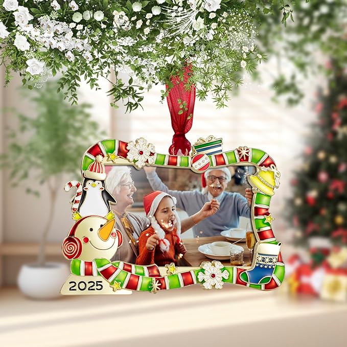 2025 Christmas Tree Ornament Picture Frame Ornament Made of Zinc Alloy Glitter Powder Pendant 3x2 Picture Frame for Pet, Baby Holiday Keepsake Gift (Snowman Snowflake, Golden)